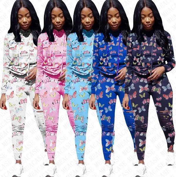 

women tracksuit broken hole design clothes hoodies long sleeve hooded pants leggings two pieces set outfits sportswear sweatsuit d72704, White