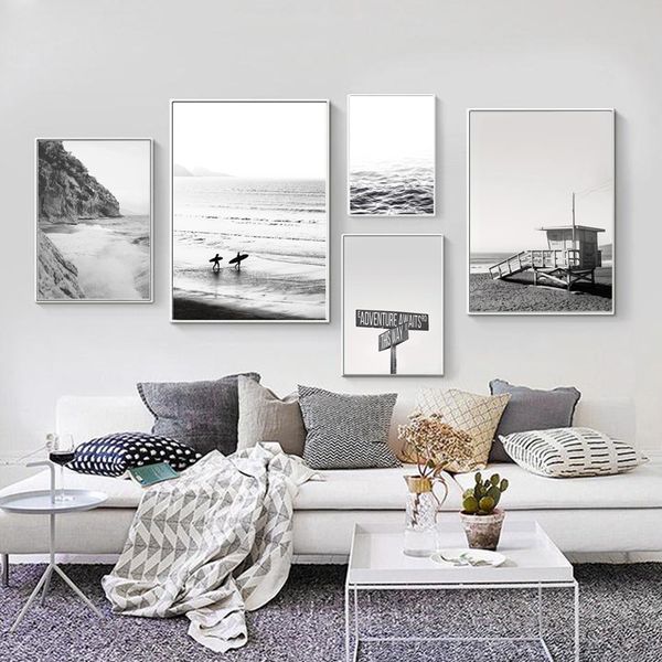 

nordic black white wharf coastline landscape wall art canvas poster minimalist print painting decorative picture for living room