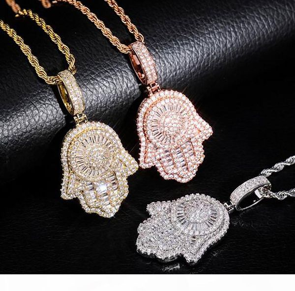 

iced out hand of fatima hamsa pendant necklace cz copper cubic zircon bling bling for men women gifts, Silver