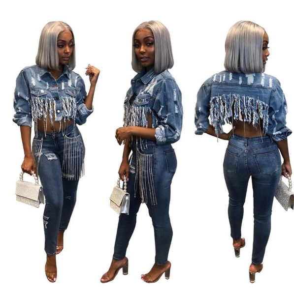 

new fashion designer demin jackets for women tassel sweatshirts spring autumn brand jacket casual asymmetric length streetwear s-2xl, Black;brown