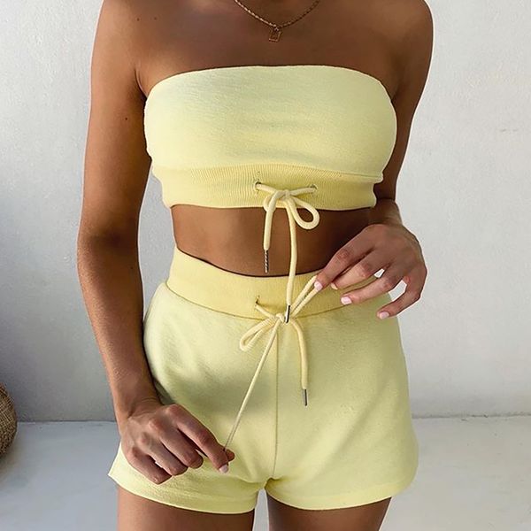 

2 piece set summer women strapless tie tube solid skinny crop and elastic shorts matching sets fashion tracksuit new, Gray