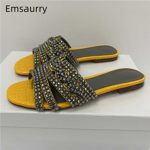 

slippers fashion summer 2021 crystal women stone grain real leather flip flops flat heel diamond rhinestone beach shoes woman, Black