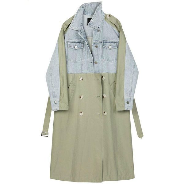 

women trench coat denim spliced women windbreaker loose long coats irregular long trench woman overcoat autumn p605, Tan;black