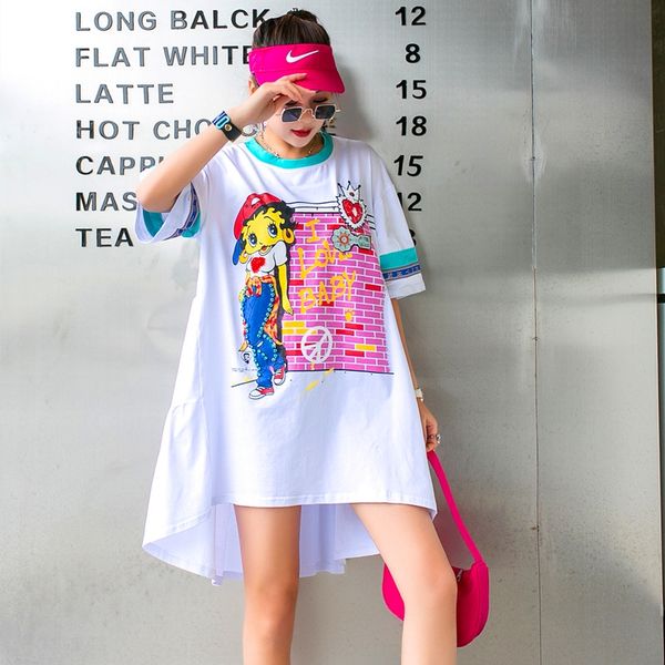 

qakeq 2020 таиланд моды бренд летом новый мультфильм напечатаны бисером длинные юбки длинные юбки бисером короткий рукав свободно шею средне, White