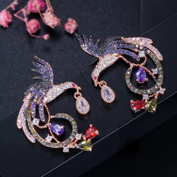 

high-quality vintage s925 silver needle color phoenix bird earrings exquisite zircon stud earrings luxury ladies jewelry, Golden