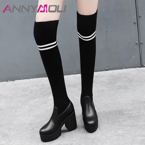 

annymoli platform super high heel over the knee boots woman thick heel thigh high boots slim stretch shoes female long 43, Black
