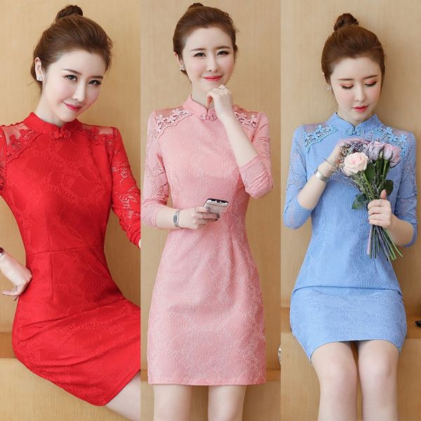 

evwqi mid-length cheongsam modified dress tight dress tight skirt slimming stand collar lace long-sleeved sheath skirt thickened with velvet, Black;gray