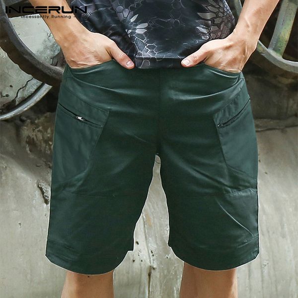 

incerun 2020 men shorts cotton button streetwear pockets summer solid casual mid-length shorts fashion cargo plus size 7, White;black