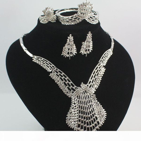 

fashion dubai gold silver plated crystal jewelry sets costume big design nigerian necklace earrings bracelet ring wedding african beads jew, Black