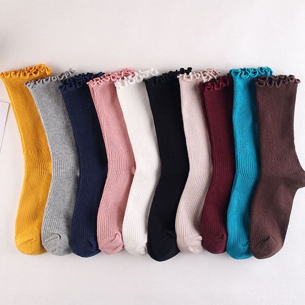 

stacked lace and solid color cute women's socks korean style wood ear lace middle tube women's stacked socks thin season, Pink;yellow