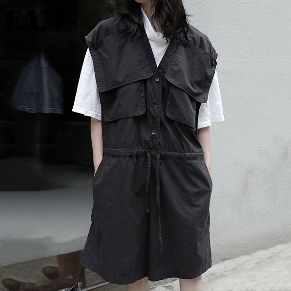 

eam] loose fit women black big pocket oversized playsuits new high waist pocket stitch pants fashion spring summer 2020 1y502, Black;white