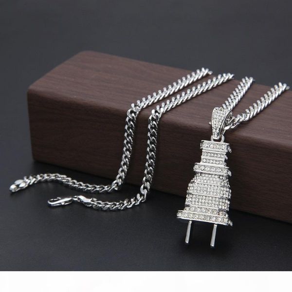 

mens fashion hip hop necklace gold cuban link chain iced out plug pendant necklace for men, Silver