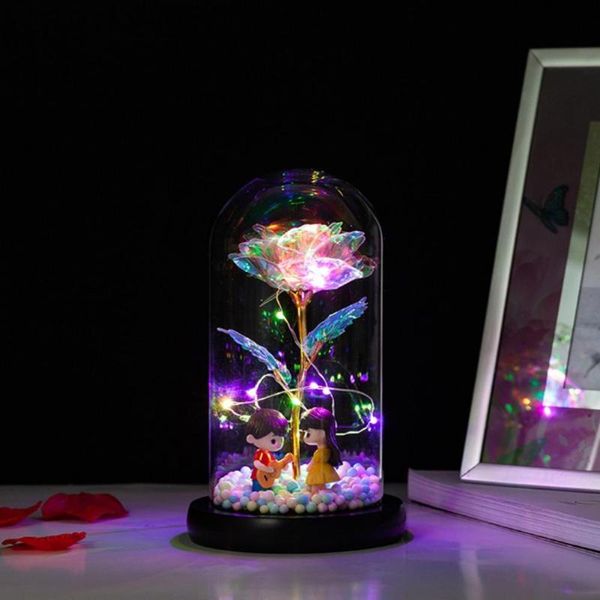 

valentine's day gift gold foil rose flower led light rose lamps in glass dome on wooden base with gift box for women 5 types