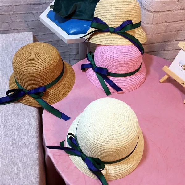 

children straw hat small crimping bucket hat baby girls small ceremony double color ribbon college style beach bucket summer, Yellow