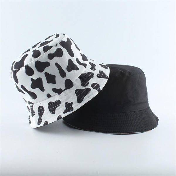 

reversible black white cow pattern bucket hat fisherman caps summer outdoor sunscreen hats women fashion foldable suncap, Blue;gray