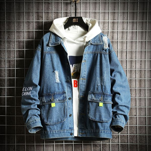 

multi pocket denim jacket men's hip hop jeans coat retro jean jacket high street casual bomber jackets male blue outerwear cargo, Black;brown