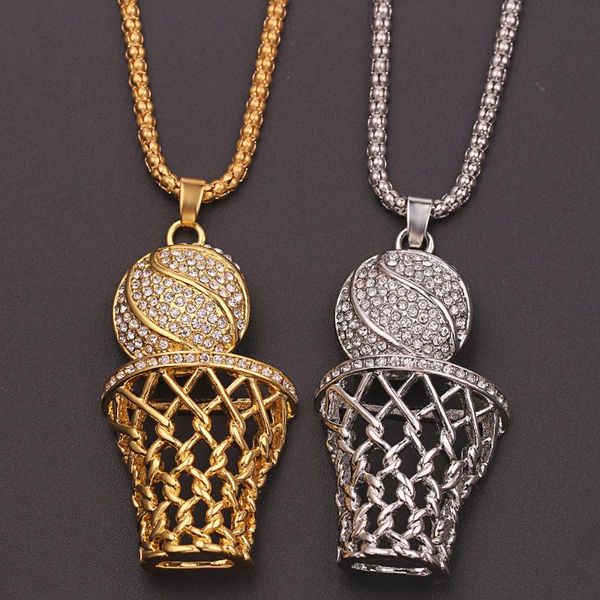 

street basketball lovers exaggerated punk basket ball pendant necklaces for men sport hip hop chain crystal necklace jewelry, Silver