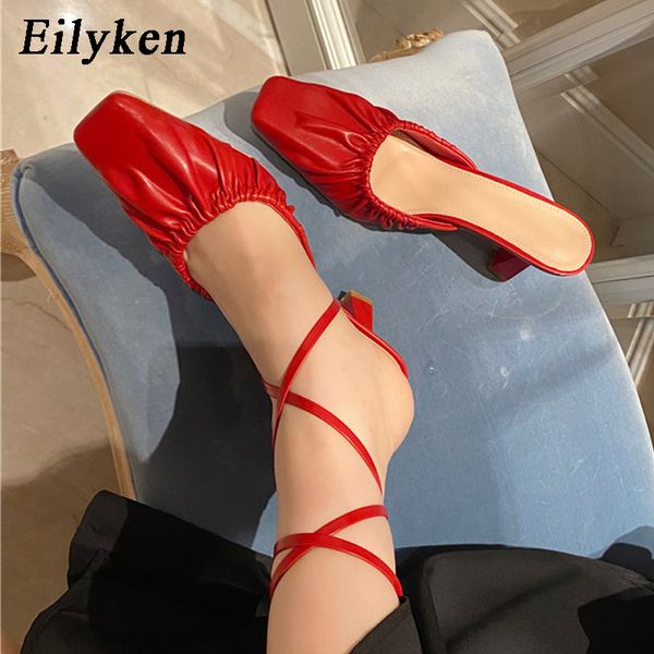 

eilyken summer new design fashion pleated pu leather shoes women slippers square toe sandals party stiletto heels pumps, Black