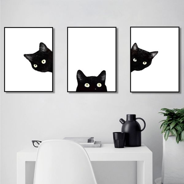 

watercolor minimalist kawaii animals black cats head canvas art print poster nordic wall picture home decor painting