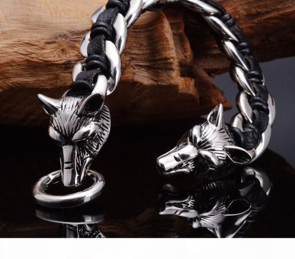 

mens punk wolf pulseras titanium polished 316l stainless steel genuine leather bracelet wristbands bangle trendy jewelry boys brace lace, Golden;silver