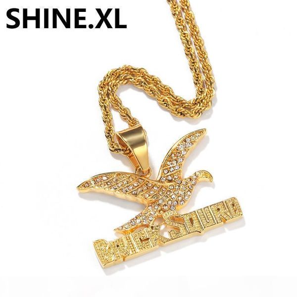 

18k gold stainless steel animal eagle pendant necklace with rope chain iced out rhinestone bling hip hop jewelry for men women, Silver