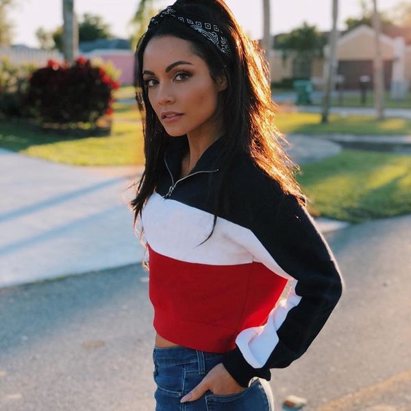 

2019 autumn t- sweater zipper and winter contrast color zipper base shirt long sleeve t-shirt sweater women's clothing, Black