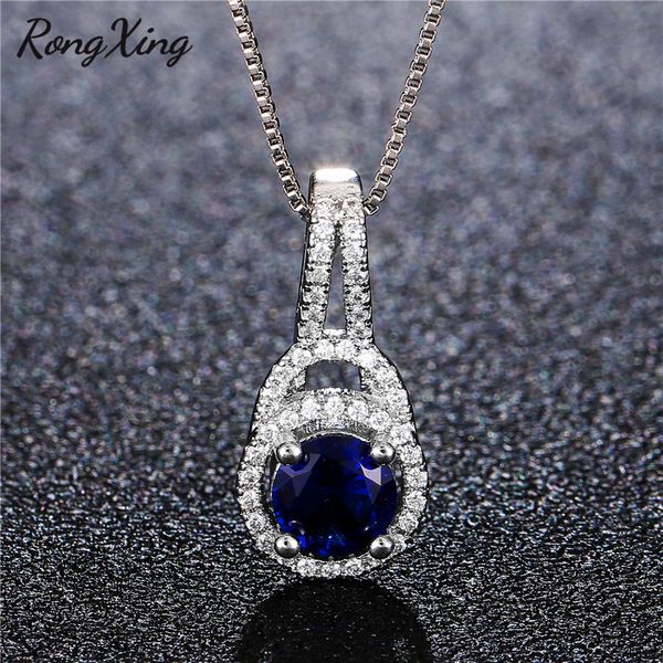 

rongxing fashion geometric round blue birthstone choker silver color white zircon pendant necklaces for women gift