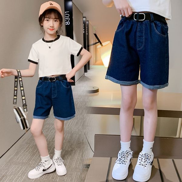 

koej1 girls' medium 2020 thin shorts and trousers pants and trousers children's stretch denim shorts fashion loose all-match dark, Blue