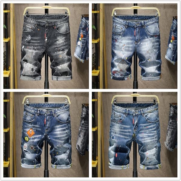 

embroidered graffiti denim men's trendy brand hole patch beggar embroidered and shorts five-point pants student shorts, Blue