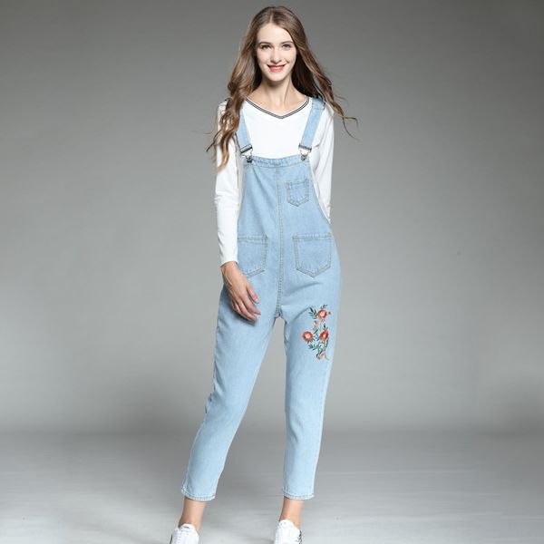 

l denim jumper штаны жира мм комплект корейской вышивки женский пуловер пуловер вышитая по возрасту большой девушки тонкая перемычка брюки a, Blue