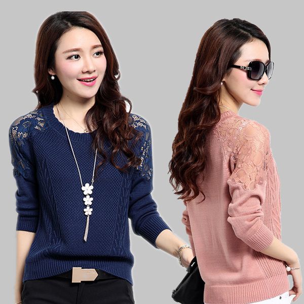 

2020 new spring autumn women's fashion sweater long-sleeved lace stitching casual hollow pullovers sweater female knitwear w370, White;black
