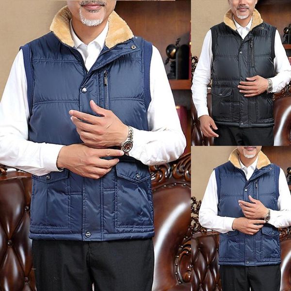

plus size men winter stand color fleece lined zipper buttons warm waistcoat, Black;white