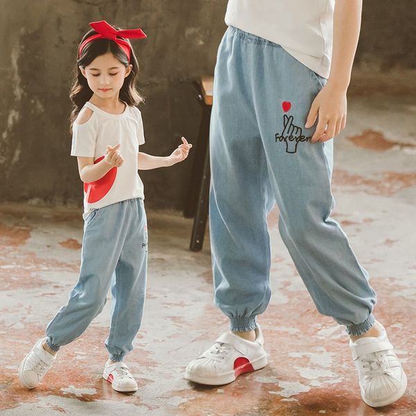 

джинсы ompck девочек 2019 весной и летом новых детских тонких рыхлых больших дети модных девушек джинсов против комаров штанов против комаро, Blue