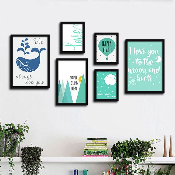

posters blue whale green letters happy place wall painting canvas art print wall pictures home decoration poster no frame