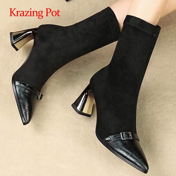 

krazing pot cow leather stretch gingham buckle decorations streetwear pointed toe high strange heel slip on mid-calf boots l0f2, Black