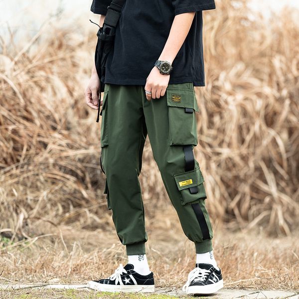 

cargo pants joggers men harem pants multi-pocket ribbons man sweatpants streetwear casual pants elastic waist male trouser 2020, Black