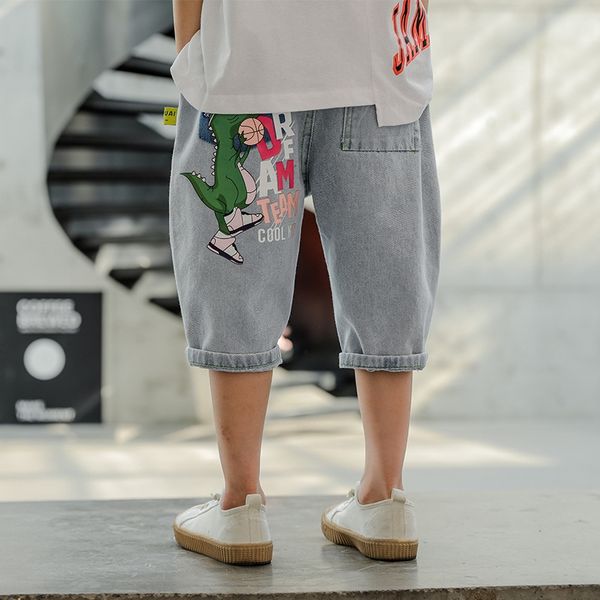 

boys' denim pants 2020 new korean cartoon dinosaur medium jeans and jeans and large children printed casual fashion pants, Blue