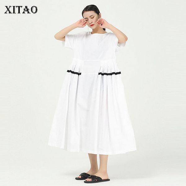 

xitao solid color ribbon stitching dress women plus size waist folds short sleeve loose oversized dresses summer new 2020 xj4895, Black;gray