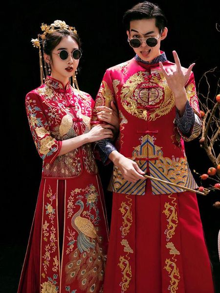 

traditional bride embroidery cheongsam phoenix clothing qipao embroidery red satin for woman gold brocade gown