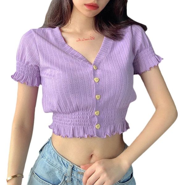 

women short sleeve ruffles ribbed t-shirt v-neck shirred buttons crop top, White