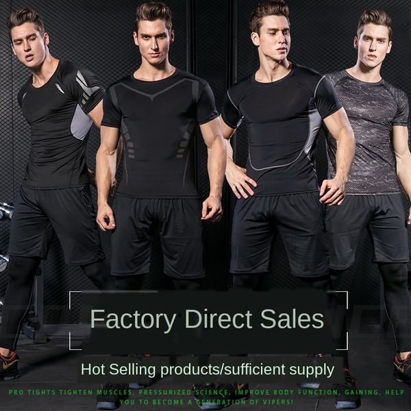 

fitness suit men's sports running quick-drying tights tights training clothes five-piece set men's gym fitness clothes, White;black