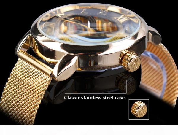 

u forsining transparent case 2017 fashion 3d engraving golden stainless steel men mechanical watch skeleton shipping, Slivery;brown