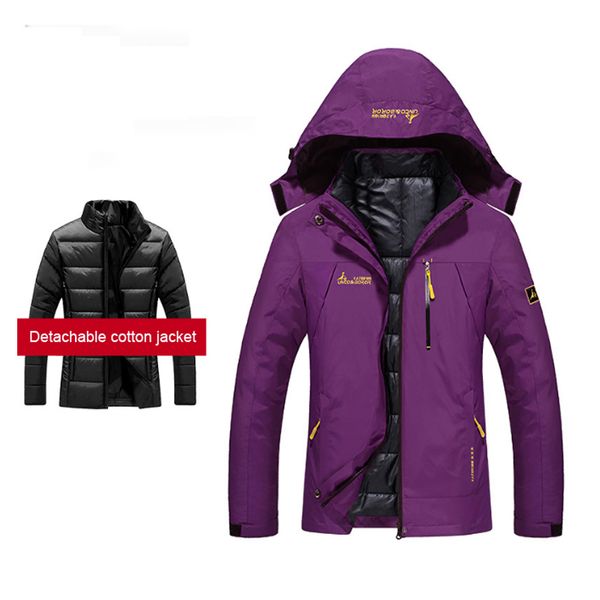 

direnjie woman winter waterproof skiing 3 in 1 jackets outdoor hoodie cotton padding coat camping trekking hiking travel 3xl j1, Blue;black