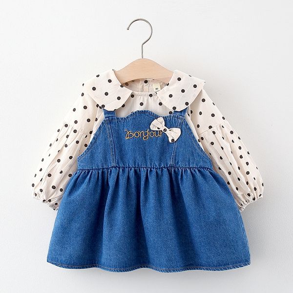 

2020 autumn wholesale kids girl sets dot prints shirt with denim dress, White