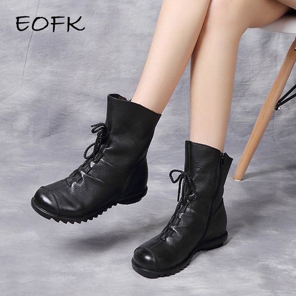 

eofk women ankle boots winter flat shoes water proof casual female short boot fashion leather fold ladies footwear plus size, Black