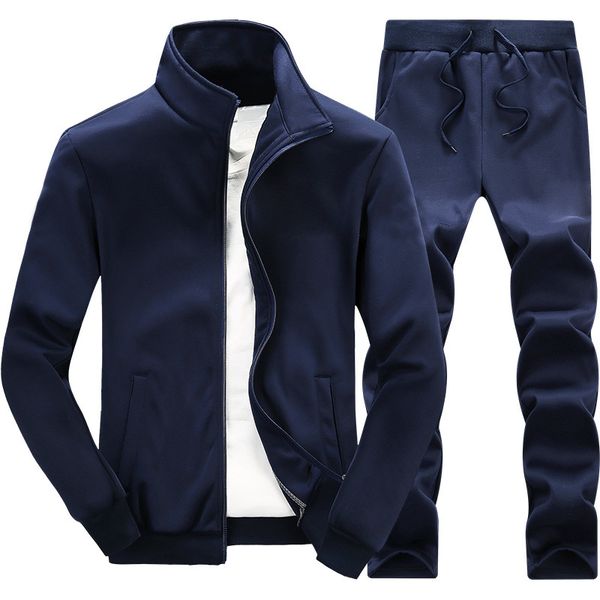 

new style autumn and winter men's jacket trousers two-piece solid color sports jacket casual pantalettes sports two-piece set, Gray