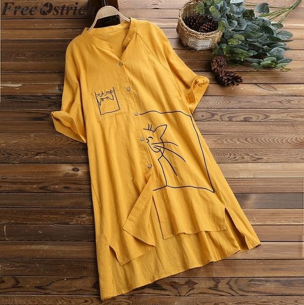 

women linen loose blouse white summer casual stand collar simple cat print pocket long ladies plus size summer female