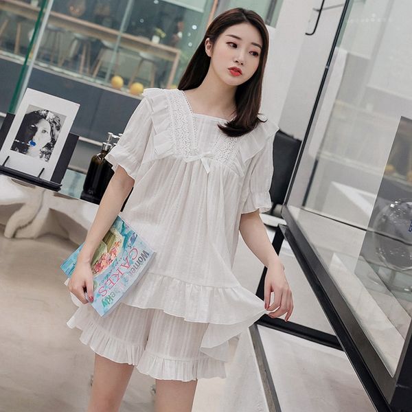 

xusbc pajamas women's summer korean style sweet cotton shorts home clothes short-sleeved shorts two-piece suit loose home clothes sleep, Blue;red