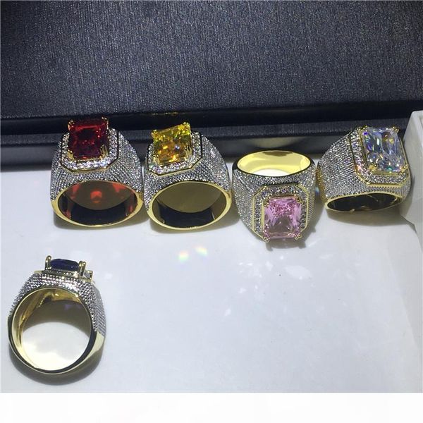 

handsome male hiphop ring gold filled 925 silver big 5a cz stone party wedding band rings for men rock jewelry gift, Slivery;golden