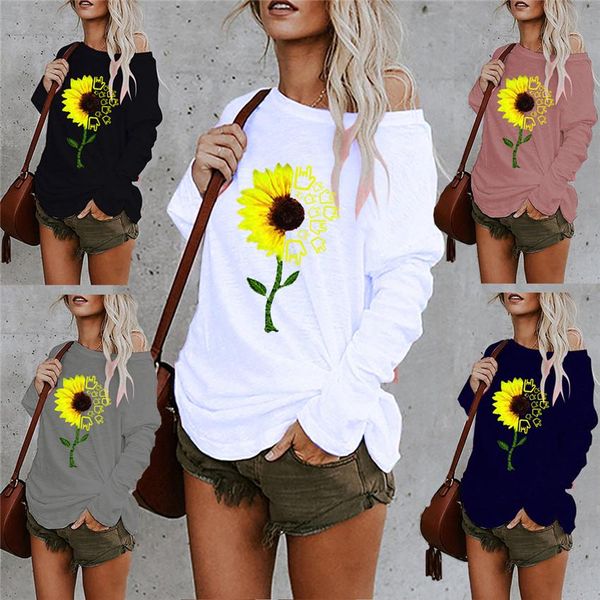 

sunflower women tshirts printed long sleeve o neck loose ladies casual solid color femme clothes, White